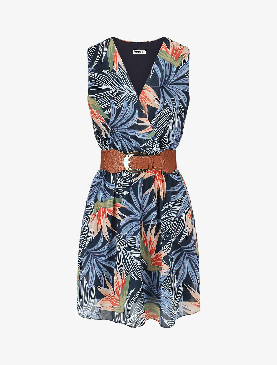 Robe évasée sans manches imprimé tropical - Bleu - 1