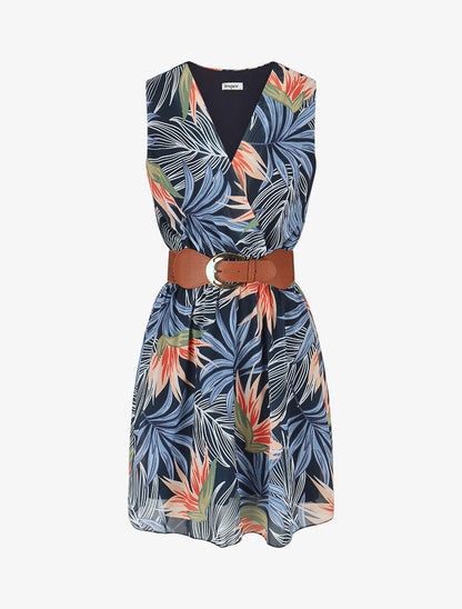 Robe évasée sans manches imprimé tropical - Bleu - 1