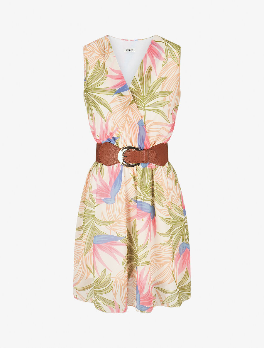 Robe évasée sans manches imprimé tropical - Écru - 1