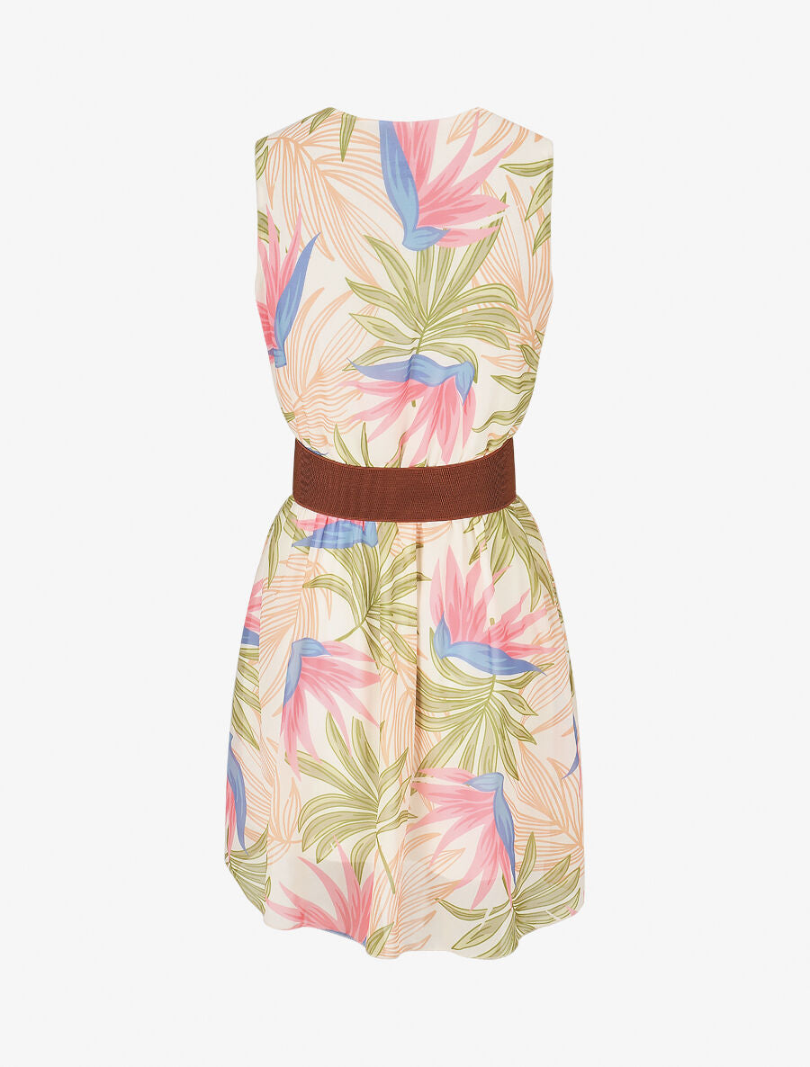 Robe évasée sans manches imprimé tropical - Écru - 2