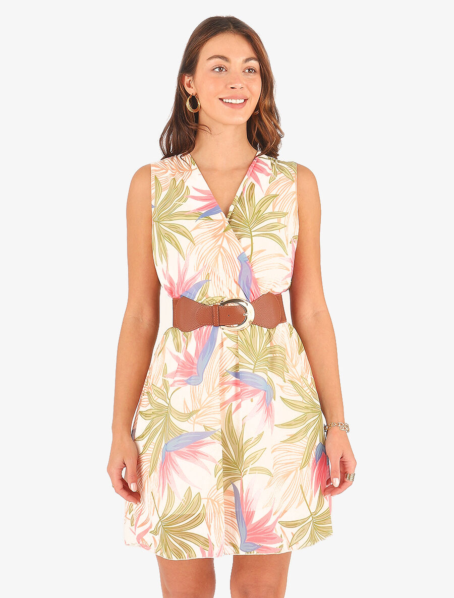 Robe évasée sans manches imprimé tropical - Écru - 4