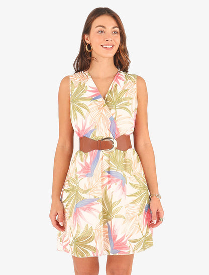 Robe évasée sans manches imprimé tropical - Écru - 4
