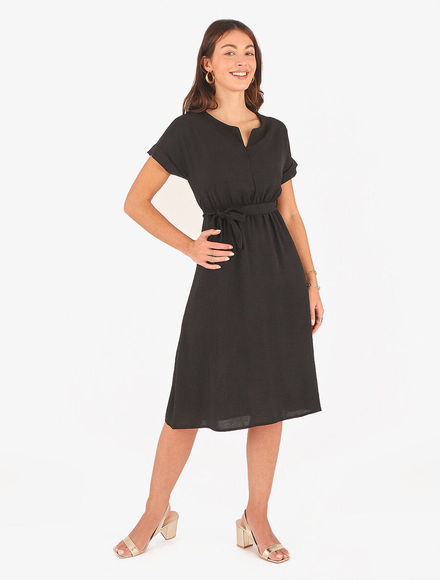 Robe longue unie élastiquée à manches courtes - Noir - 4