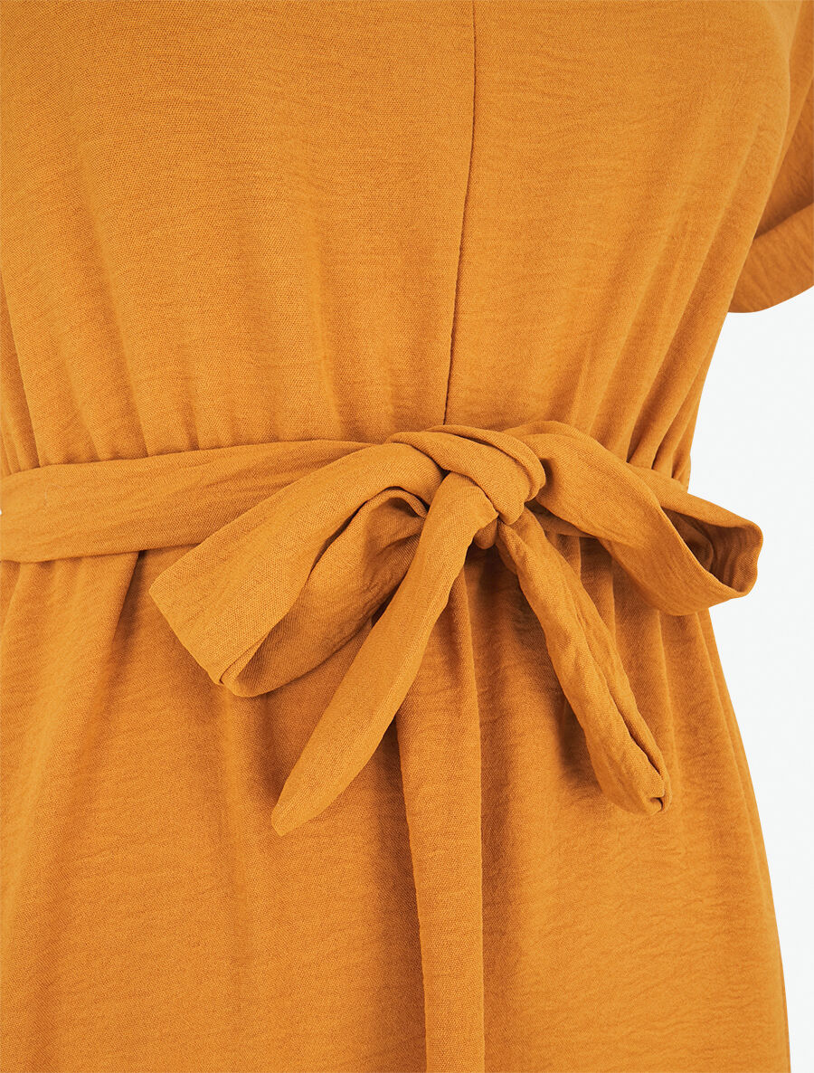 Robe longue unie élastiquée à manches courtes - Jaune moutarde - 3