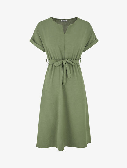 Robe longue unie élastiquée à manches courtes - Kaki - 1