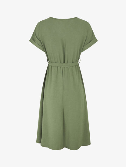 Robe longue unie élastiquée à manches courtes - Kaki - 2