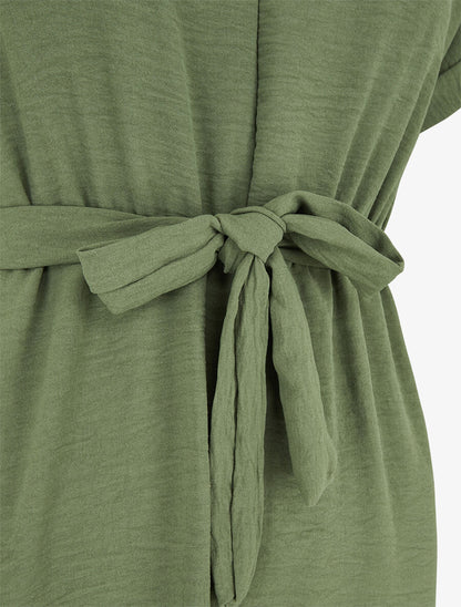Robe longue unie élastiquée à manches courtes - Kaki - 3