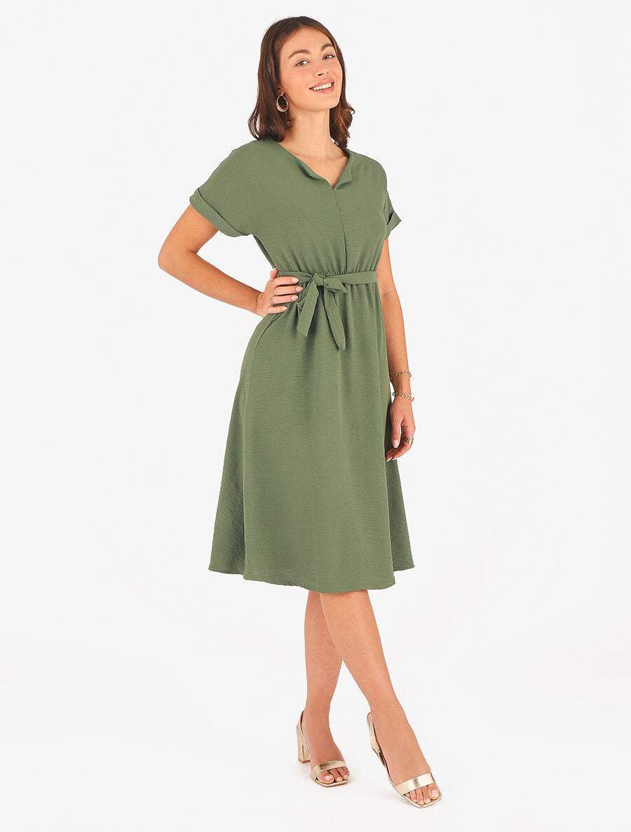 Robe longue unie élastiquée à manches courtes - Kaki - 4