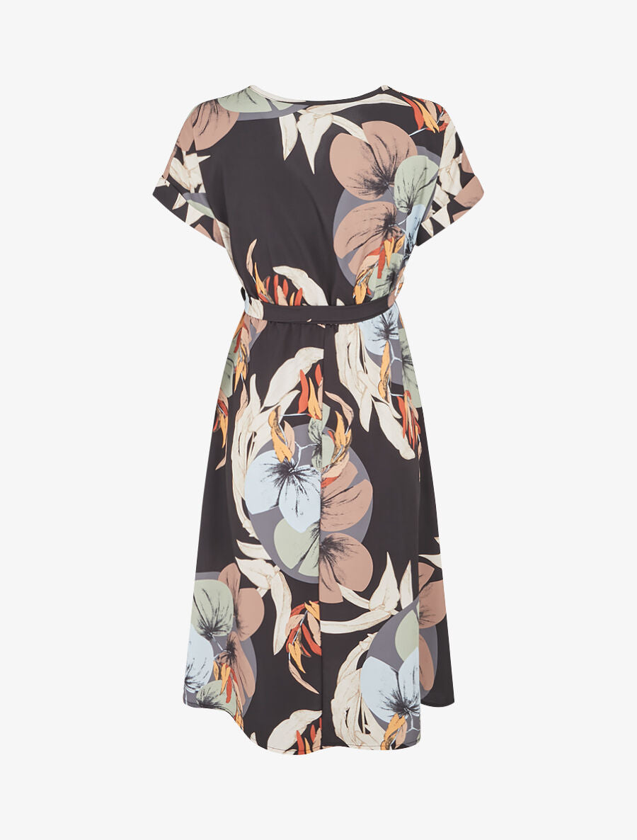 Robe élastiquée imprimé feuillage - Noir - 2