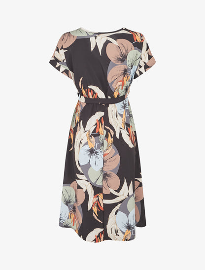 Robe élastiquée imprimé feuillage - Noir - 2