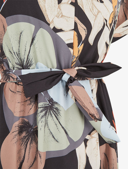 Robe élastiquée imprimé feuillage - Noir - 3