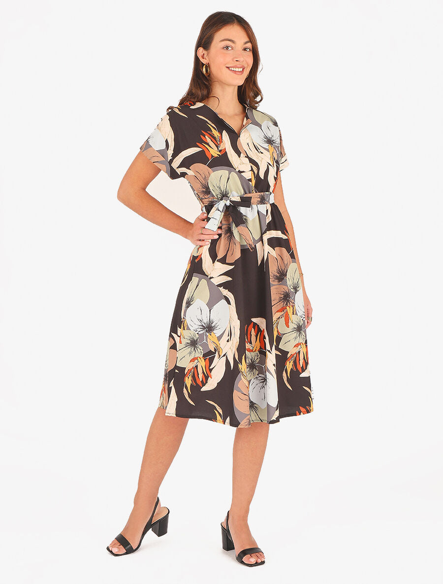 Robe élastiquée imprimé feuillage - Noir - 4