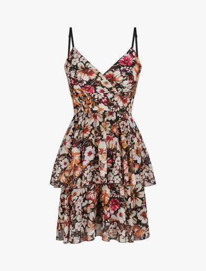 Robe patineuse courte à volants imprimé fleuri - Noir - 1