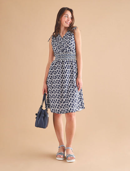 Robe à taille élastiquée imprimé rétro - Marine - 4