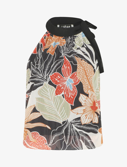 Top fleuri en voile sans manches - Noir - 1