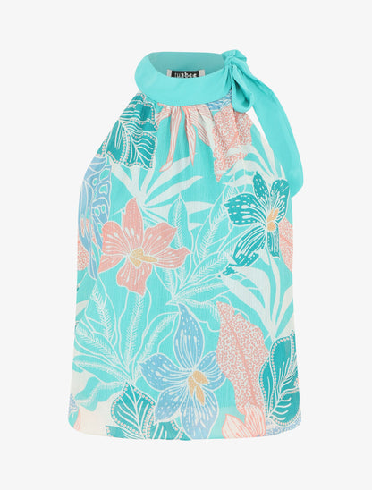 Top fleuri en voile sans manches - Turquoise - 1