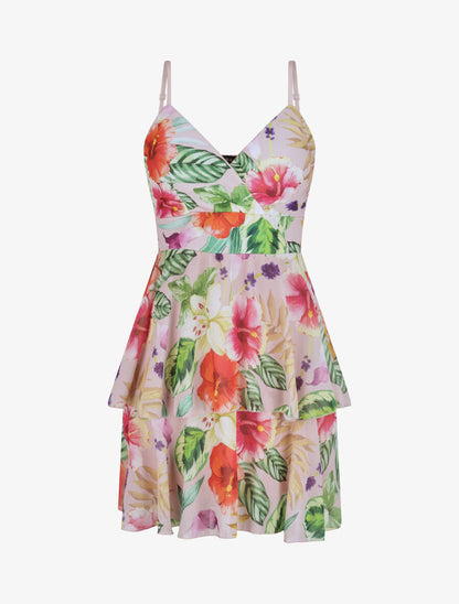 Robe patineuse courte à volants imprimé hibiscus - Rose - 4