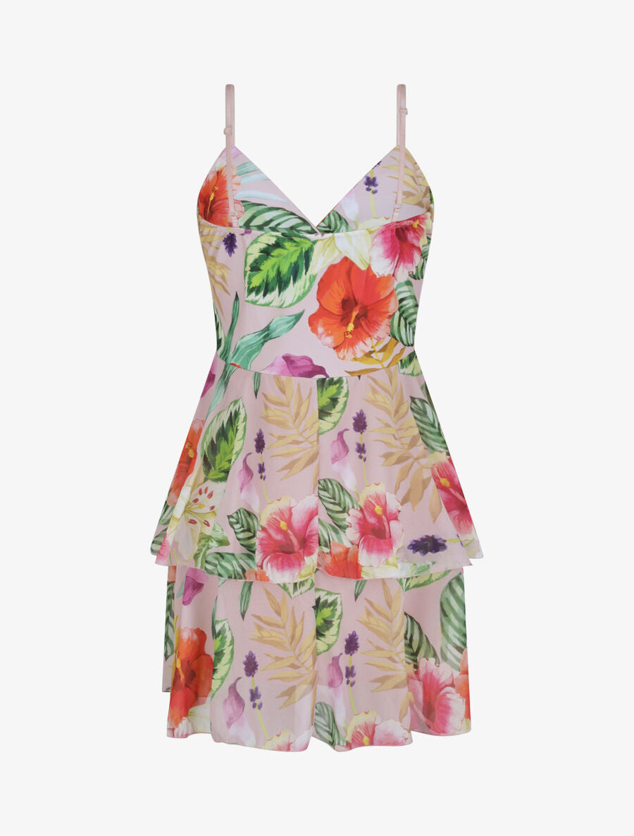 Robe patineuse courte à volants imprimé hibiscus - Rose - 2