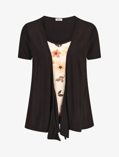 Top manches courtes style gilet ouvert imprimé fleuri - Noir/beige - 1