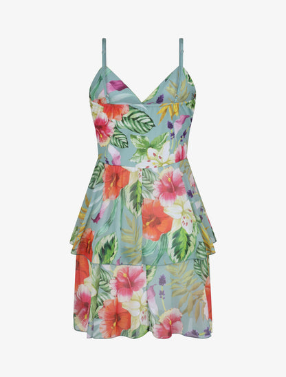 Robe patineuse courte à volants imprimé hibiscus - Vert menthe - 2