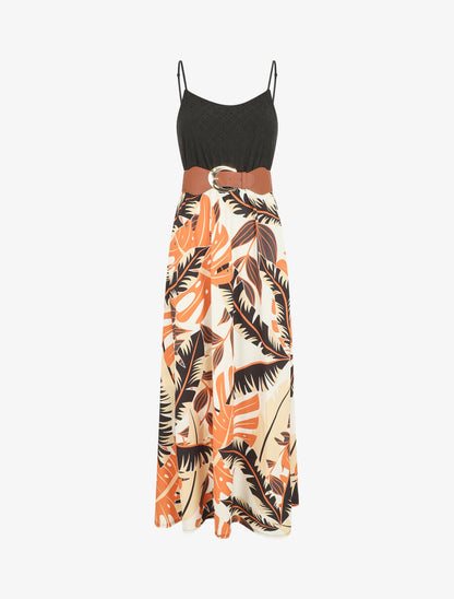 Robe longue bi-matière imprimé tropical - Noir - 1