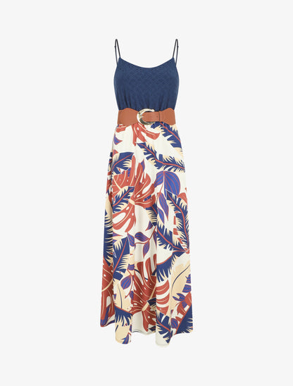 Robe longue bi-matière imprimé tropical - Marine - 1