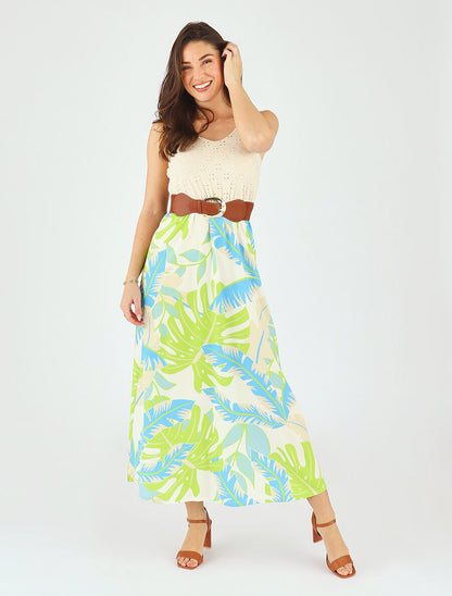 Robe longue bi-matière imprimé tropical - Beige - 4