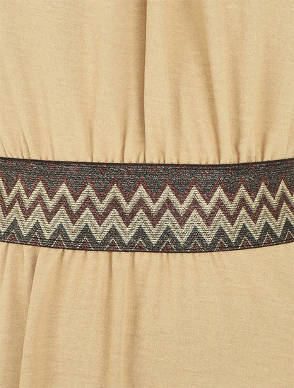 Robe longue unie col américain fantaisie - Beige - 3