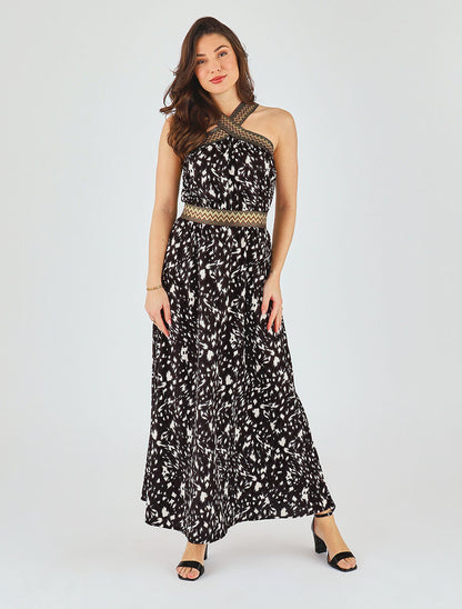 Robe longue imprimé fantaisie à larges bretelles croisées - Noir - 4