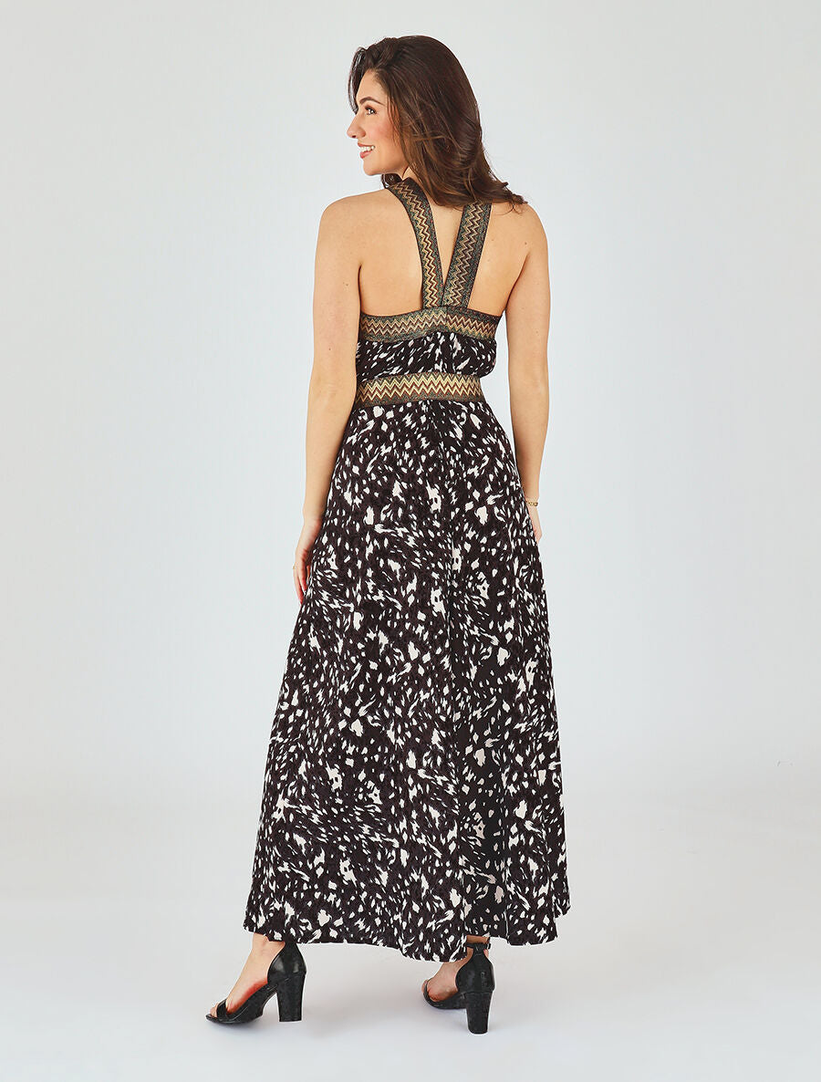 Robe longue imprimé fantaisie à larges bretelles croisées - Noir - 5