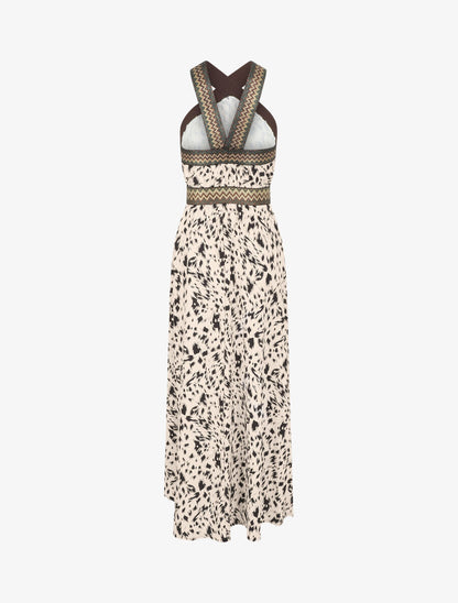 Robe longue imprimé fantaisie à larges bretelles croisées - Beige - 2