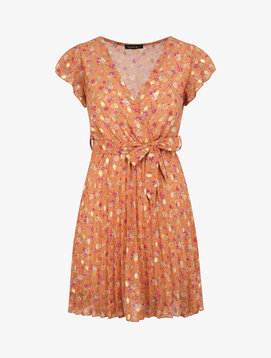 Robe empire courte imprimé roses irisées - Orange - 1