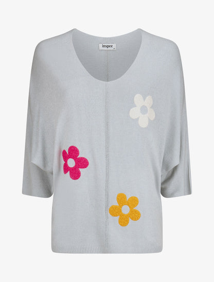 Pull fin à motif trois fleurs - Gris - 4