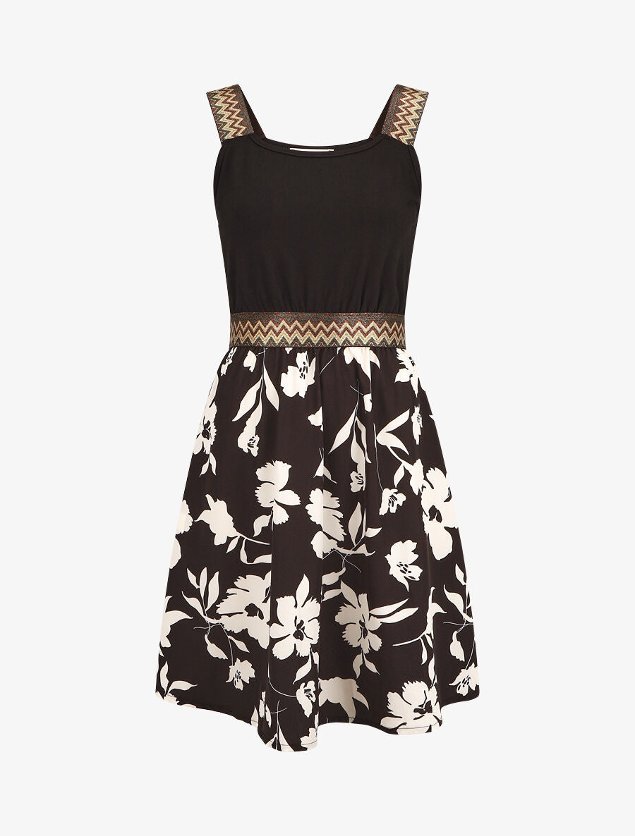 Robe courte fleurie bretelles fantaisies - Noir - 1