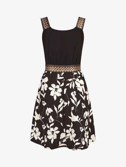Robe courte fleurie bretelles fantaisies - Noir - 2