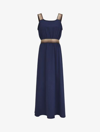 Robe longue unie bretelles fantaisies - Marine - 1