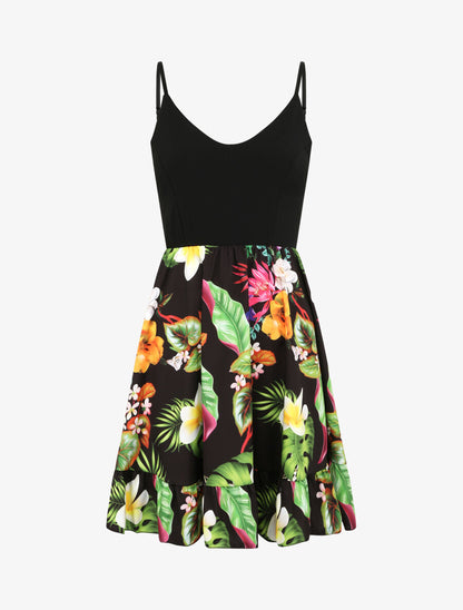 Robe patineuse courte imprimé fleurs de tiaré - Noir - 1