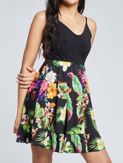 Robe patineuse courte imprimé fleurs de tiaré - Noir - 4