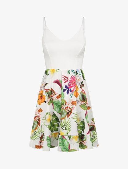 Robe patineuse courte imprimé fleurs de tiaré - Blanc - 1
