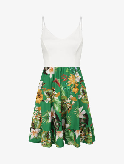 Robe patineuse courte imprimé fleurs de tiaré - Vert - 1