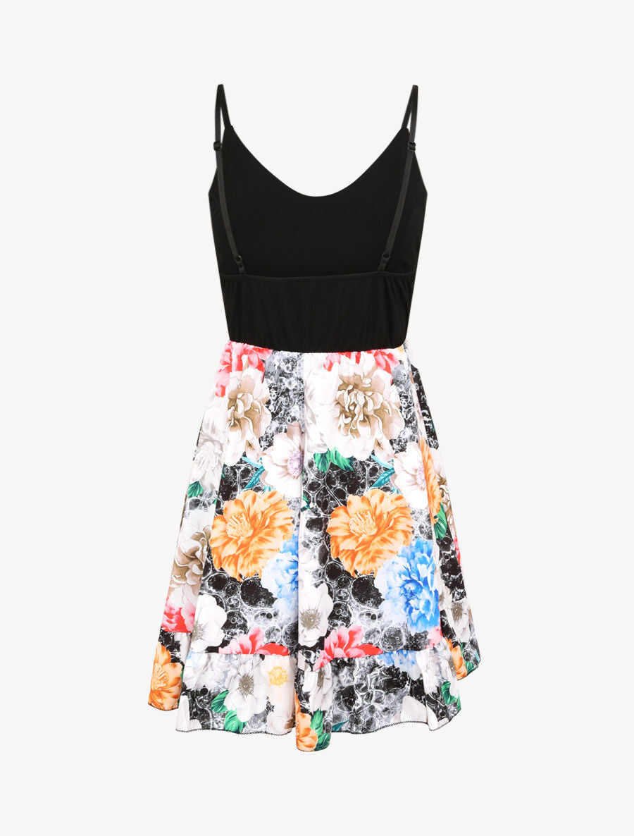 Robe patineuse courte imprimé pivoines - Noir - 2