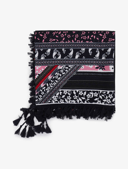Foulard à imprimé multi-fleurs style patchwork et bords à pompons - Marine - 2
