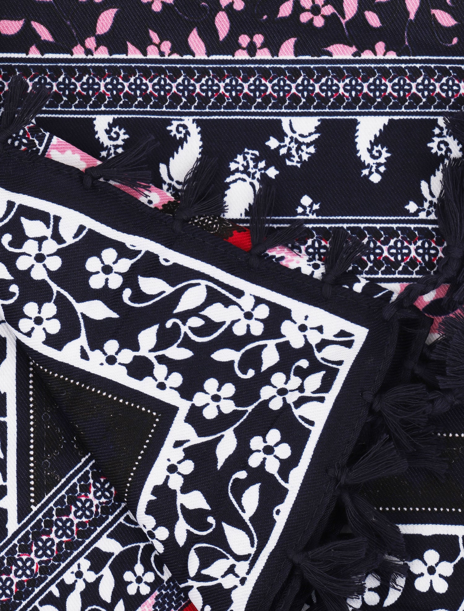 Foulard à imprimé multi-fleurs style patchwork et bords à pompons - Marine - 3
