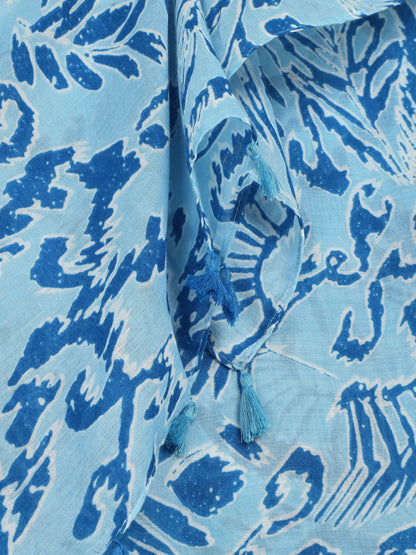 Foulard à pompons imprimé feuilles abstraites - Bleu - 3