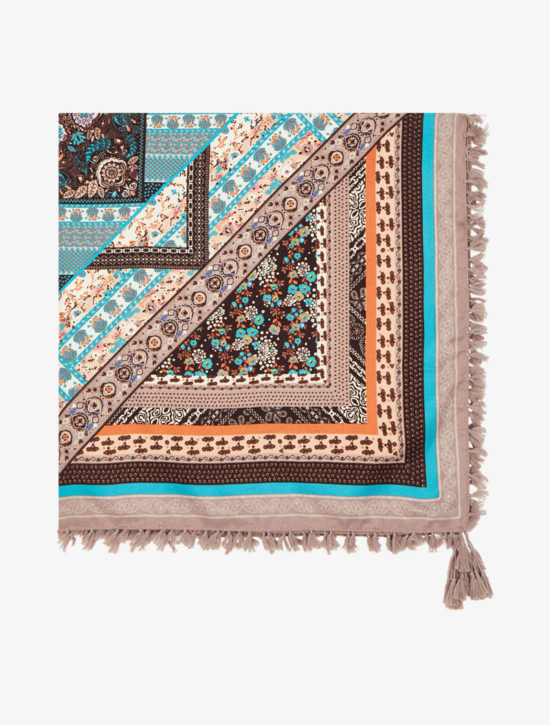 Foulard carré à imprimé patchwork à fleurs et bords à pompons - Taupe - 2