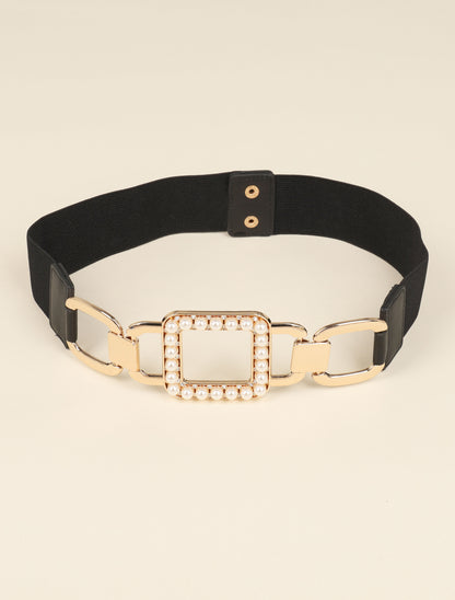 Ceinture élastiquée à boucle carrée ornée de perles et strass - Noir/dorée - 1