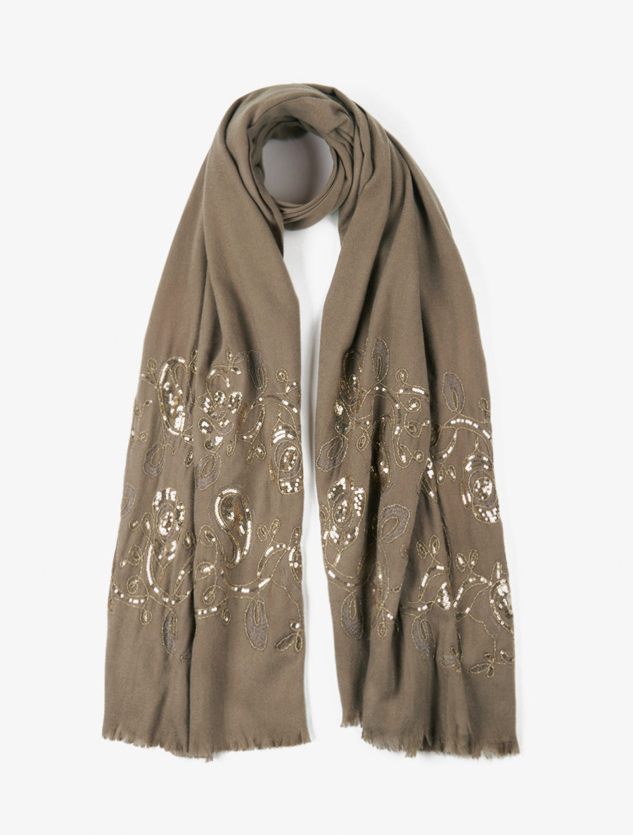 Echarpe à imprimé fleurs ornées de sequins - Taupe - 1