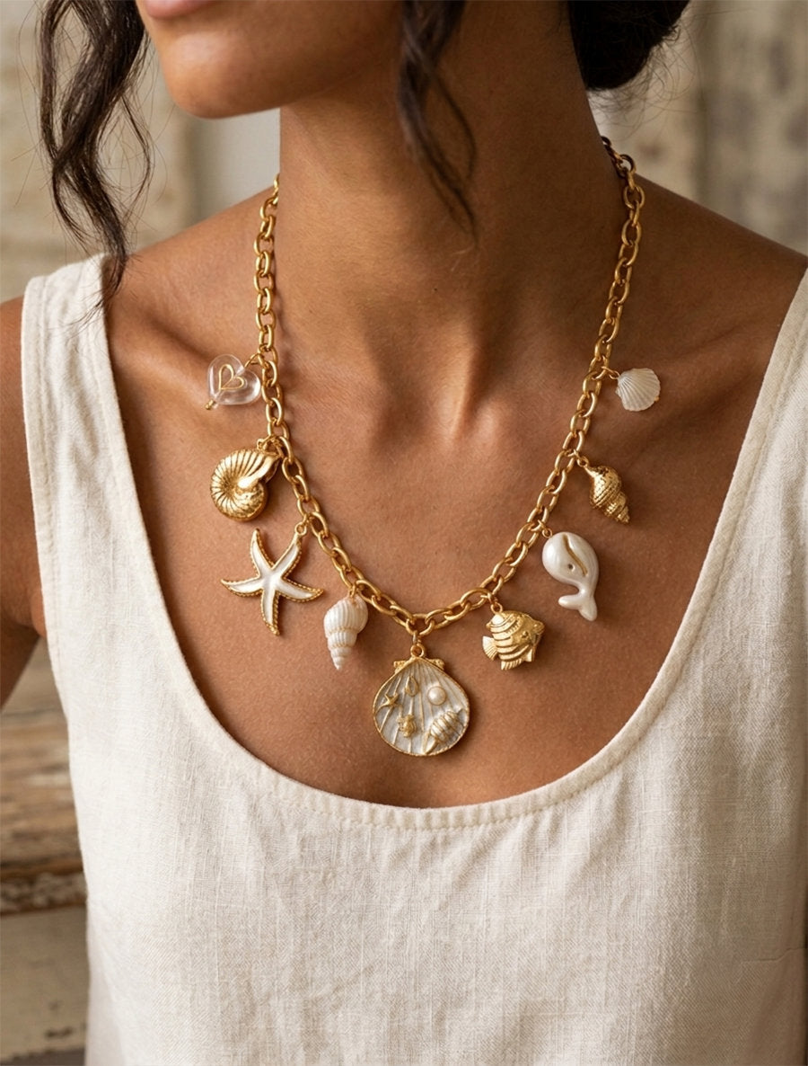 Collier acier inoxydable motif marin - Beige