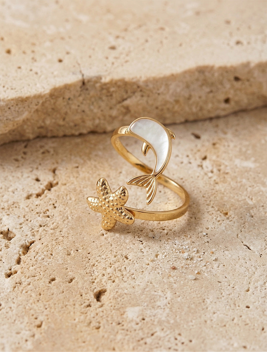 Bague motif dauphin et étoile de mer - Or - 1