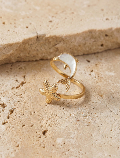Bague motif dauphin et étoile de mer - Or - 1
